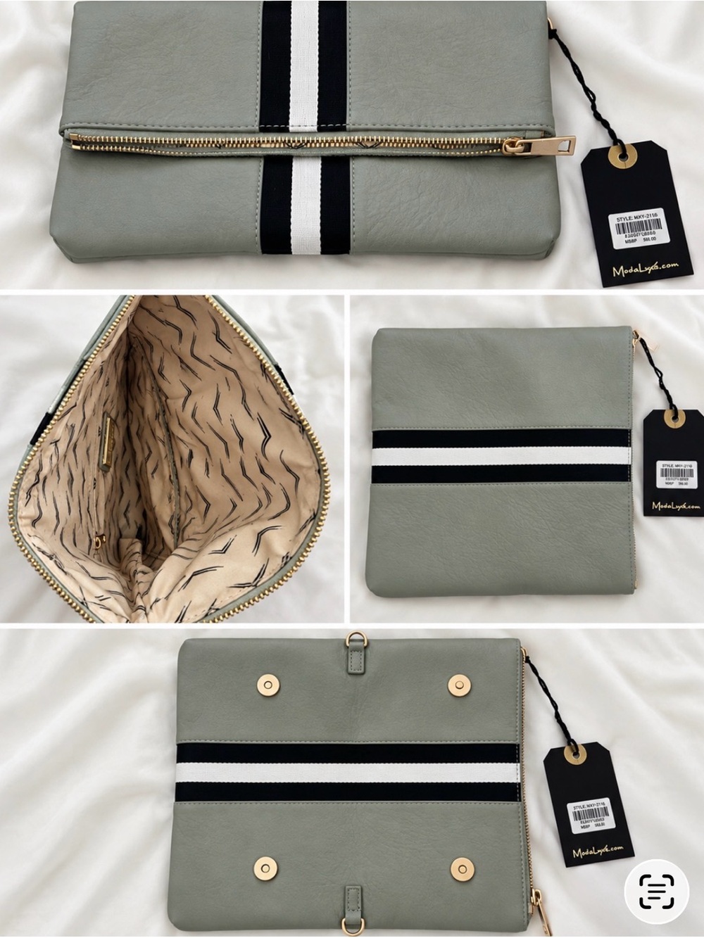 Moda Luxe Sage Foldover Clutch with Black and White Stripe